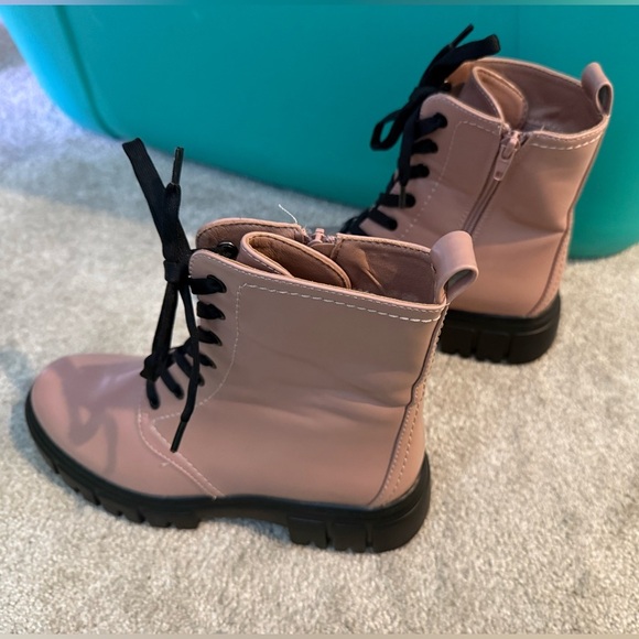 Limelight Pink and Black Combat Moto Boots with Glossy Finish - Picture 2 of 6